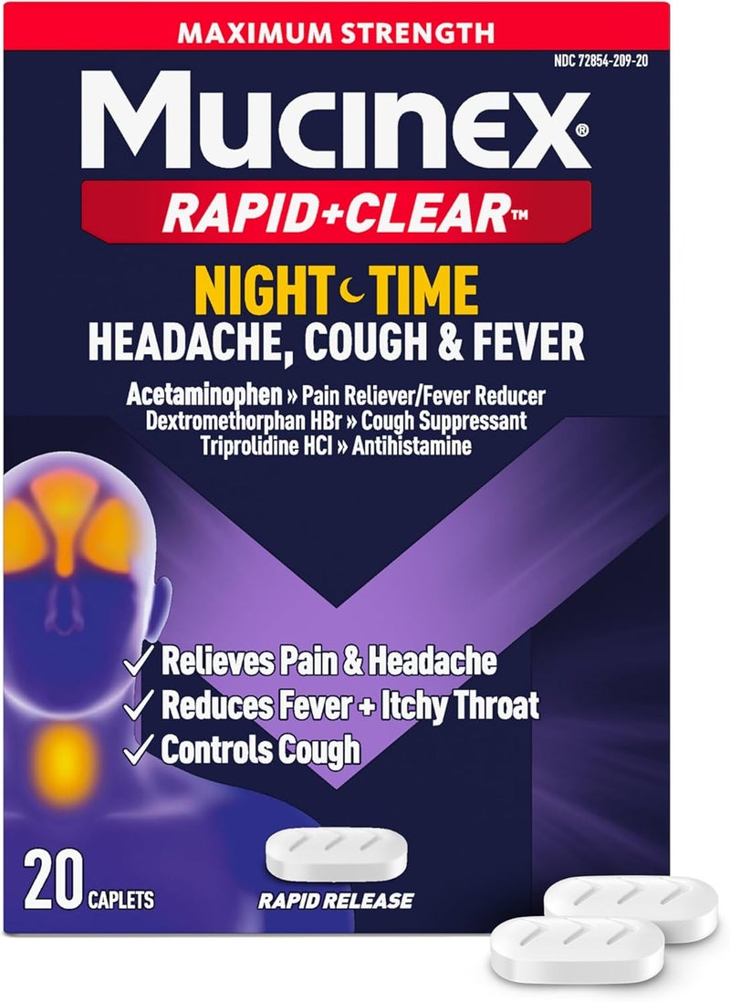 MUCINEX RapidClear Nighttime Cold and Flu Medicine for Adults Maximum Strength Cold Medicine for Cough Fever Pain Headache Runny Nose Relief Rapid Release Caplets for Adults 20 Count - Image 1