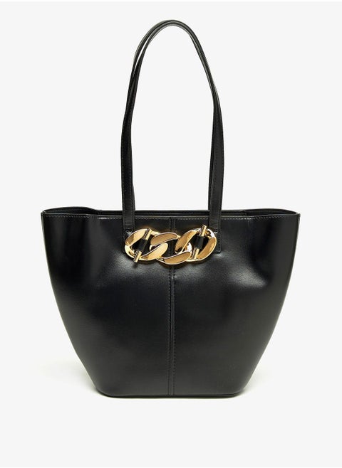 Chunky Chain Accented Tote Bag with Double Handle and Zip Closure
