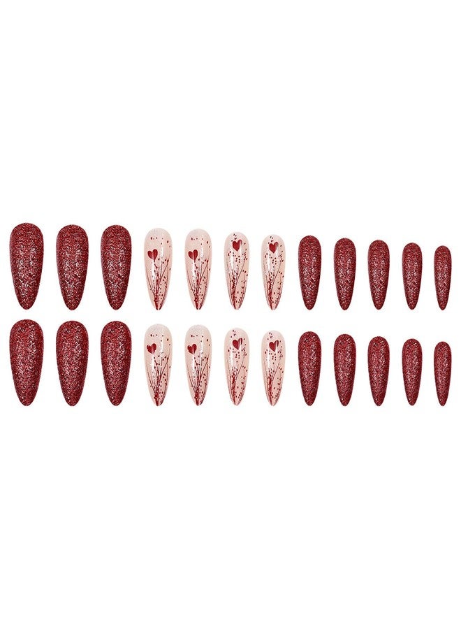 ASABITE 24Pcs Red Valentine's Day Press on Nails Almond Long Fake Nails Glitter Valentines False Nails with Heart Design Artificial Almond Nails Press ons Valentines Heart Nail Winter Glue on Nail for Women - Image 5
