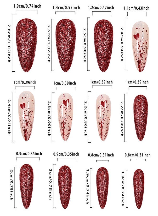 ASABITE 24Pcs Red Valentine's Day Press on Nails Almond Long Fake Nails Glitter Valentines False Nails with Heart Design Artificial Almond Nails Press ons Valentines Heart Nail Winter Glue on Nail for Women - Image 3