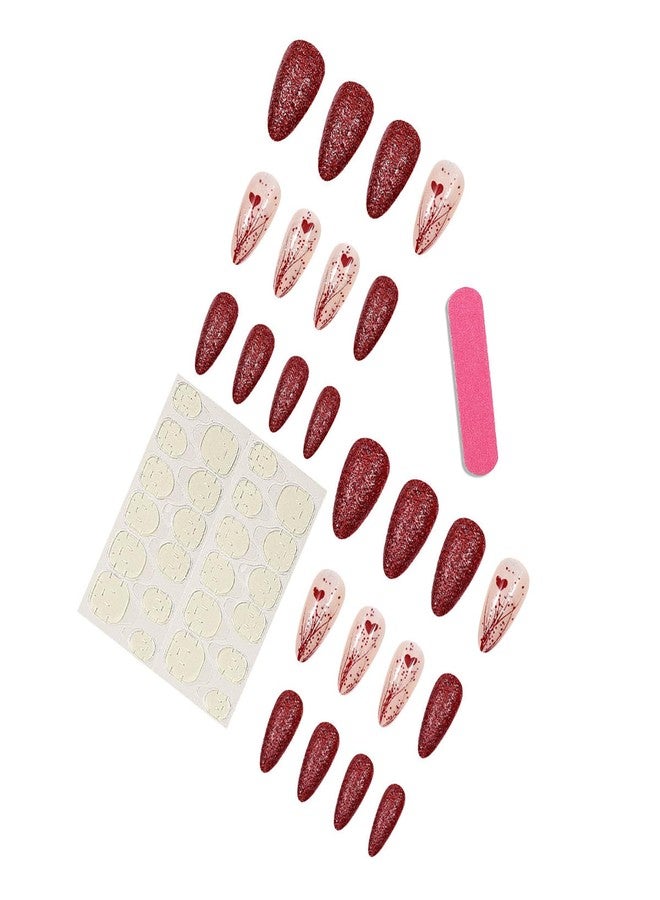 ASABITE 24Pcs Red Valentine's Day Press on Nails Almond Long Fake Nails Glitter Valentines False Nails with Heart Design Artificial Almond Nails Press ons Valentines Heart Nail Winter Glue on Nail for Women - Image 4