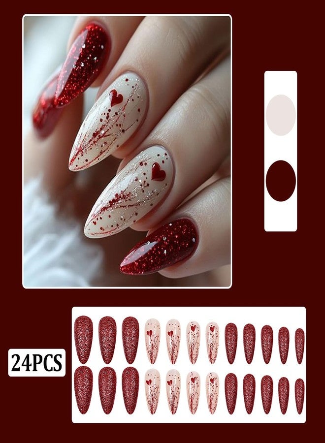 ASABITE 24Pcs Red Valentine's Day Press on Nails Almond Long Fake Nails Glitter Valentines False Nails with Heart Design Artificial Almond Nails Press ons Valentines Heart Nail Winter Glue on Nail for Women - Image 2