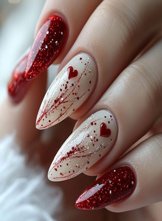 ASABITE 24Pcs Red Valentine's Day Press on Nails Almond Long Fake Nails Glitter Valentines False Nails with Heart Design Artificial Almond Nails Press ons Valentines Heart Nail Winter Glue on Nail for Women - Image 1