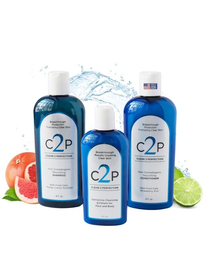 C2P CLEAR 2 PERFECTION Acne Treatment Kit - Non-Comedogenic Haircare & Skincare Trio - Scrub, Shampoo & Conditioner - Ideal for Acne-Prone Skin & Bacne - Image 1