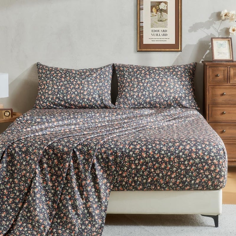 HYPREST Floral Sheets King Size, Deep Pocket Sheets Black Soft Breathable Farmhouse 4pcs Bed Sheet Sets - Image 1