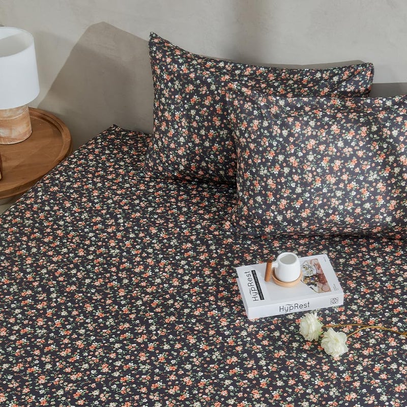 HYPREST Floral Sheets King Size, Deep Pocket Sheets Black Soft Breathable Farmhouse 4pcs Bed Sheet Sets - Image 2
