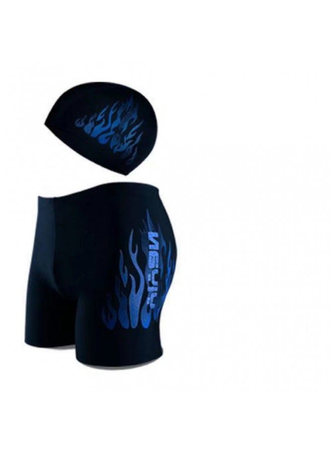 Yiyan Swimming Trunks Men's Flat-angle Hot Spring Quick-drying Beach Pants Plus Size Loose Fashionable Men's Swimming Trunks Swimming Equipment Set-Color:Blue Fire Swimming Trunks + Swimming Cap-Size:Xl( 55-67.5kg )