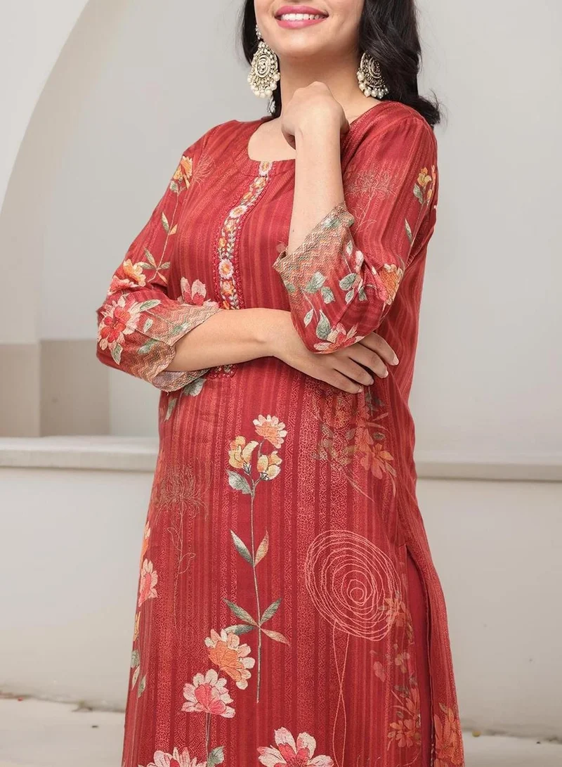 ISHIN Women's Red Viscose Blend Embellished Tunic Full Length Casual Straight Fit Kurta Set