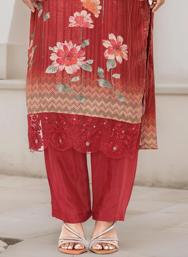 ISHIN Women's Red Viscose Blend Embellished Tunic Full Length Casual Straight Fit Kurta Set