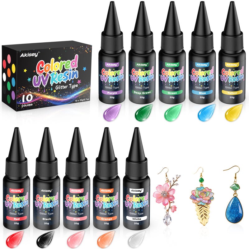 Akisey UV Resin Kit - 10 Colors Colored UV Resin | Hard Glitter Type | Odorless | Low Shrinkage, Vivid Clear Color Resina UV for Jewelry Making, Casting and Coating, Crafts and Decoration - Image 1