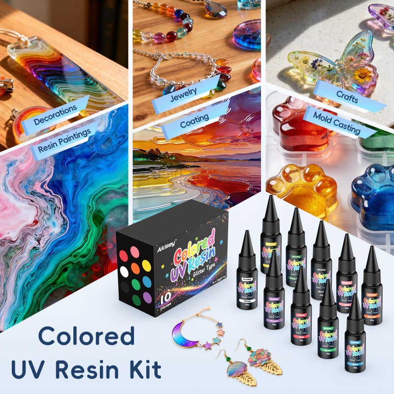 Akisey UV Resin Kit - 10 Colors Colored UV Resin | Hard Glitter Type | Odorless | Low Shrinkage, Vivid Clear Color Resina UV for Jewelry Making, Casting and Coating, Crafts and Decoration - Image 5