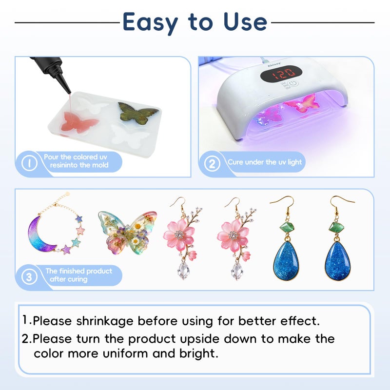 Akisey UV Resin Kit - 10 Colors Colored UV Resin | Hard Glitter Type | Odorless | Low Shrinkage, Vivid Clear Color Resina UV for Jewelry Making, Casting and Coating, Crafts and Decoration - Image 4