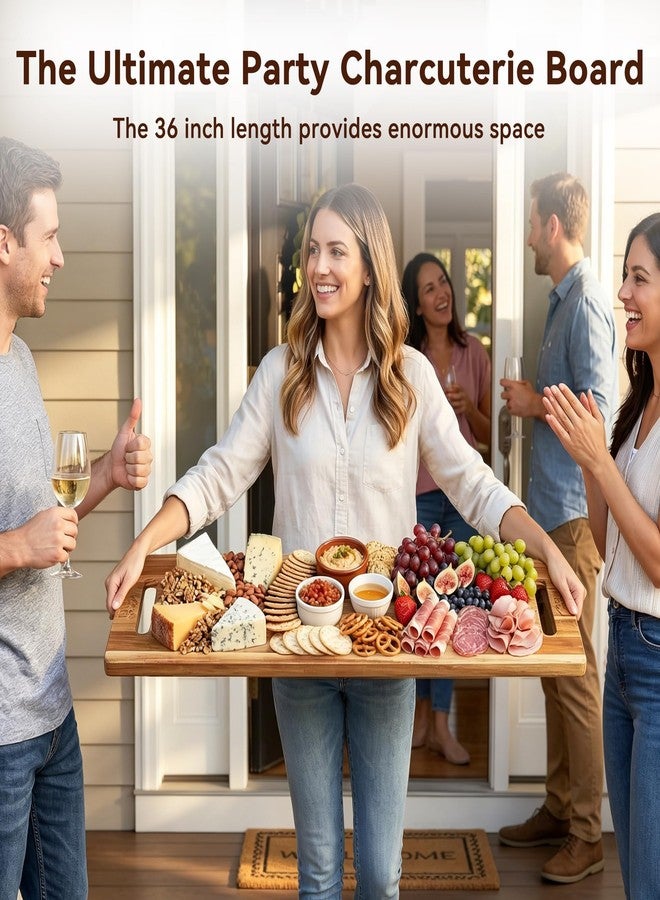 LDQ Extra Large 36 x 11 Inch Acacia Wood Cutting Board, 3-in-1 Cutting, Serving & Display Board, XXL Long Charcuterie Boards with 2 Wooden Stands, for Kitchen Prep & Party Table Centerpiece - Image 4