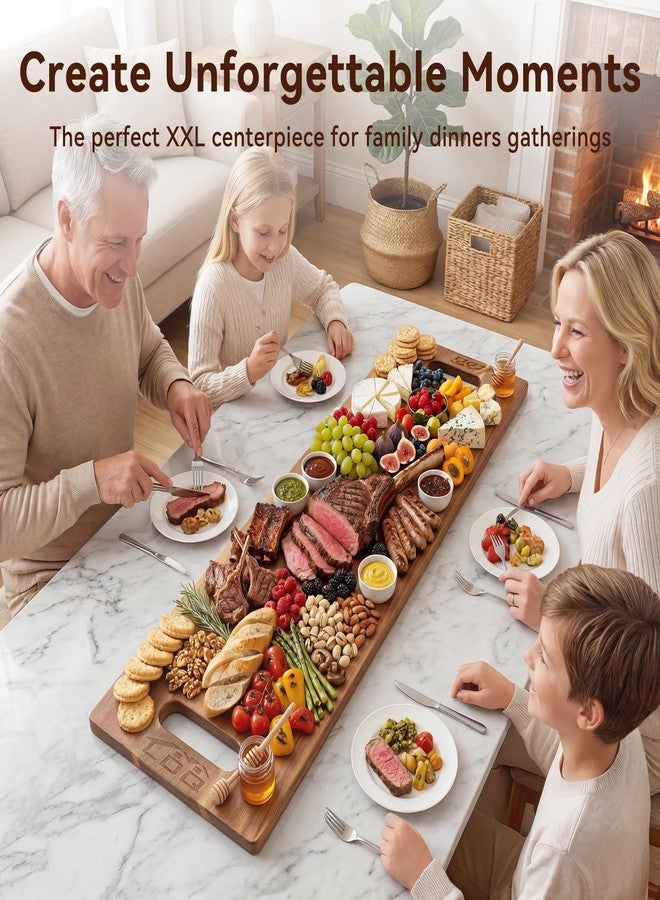 LDQ Extra Large 36 x 11 Inch Acacia Wood Cutting Board, 3-in-1 Cutting, Serving & Display Board, XXL Long Charcuterie Boards with 2 Wooden Stands, for Kitchen Prep & Party Table Centerpiece - Image 3