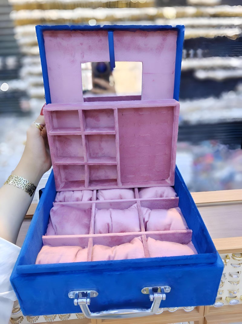 Portable Jewelry Organizer - Velvet storage box with mirror, layered compartments, sturdy handle for travel convenience and elegant display (blue) - Image 2
