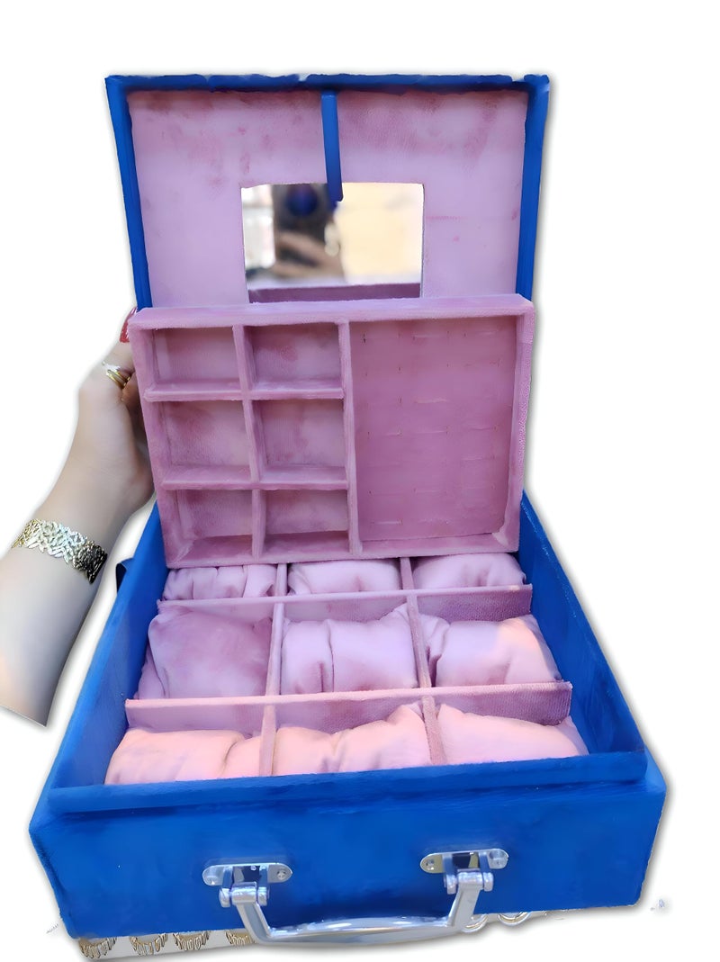 Portable Jewelry Organizer - Velvet storage box with mirror, layered compartments, sturdy handle for travel convenience and elegant display (blue) - Image 1