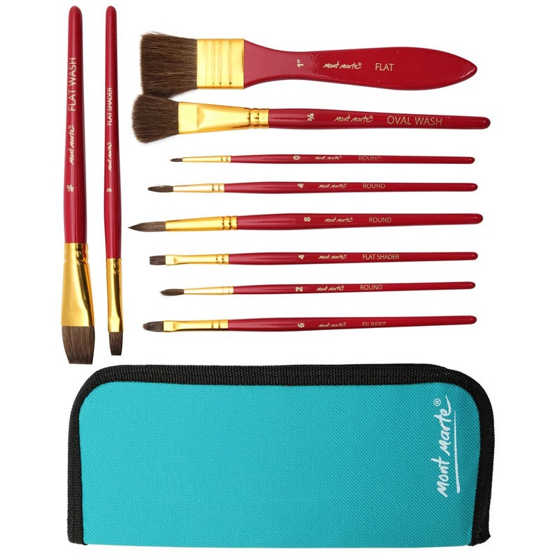 Mont Marte Mont Marte Mixed Bristle Brush Set in Wallet for Watercolor Painting 11 PCE(Set of 10 brush + Brush holder bag), Maroon  - Image 2