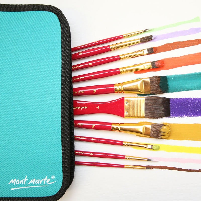 Mont Marte Mont Marte Mixed Bristle Brush Set in Wallet for Watercolor Painting 11 PCE(Set of 10 brush + Brush holder bag), Maroon  - Image 3