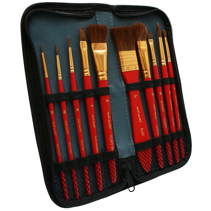 Mont Marte Mont Marte Mixed Bristle Brush Set in Wallet for Watercolor Painting 11 PCE(Set of 10 brush + Brush holder bag), Maroon  - Image 1