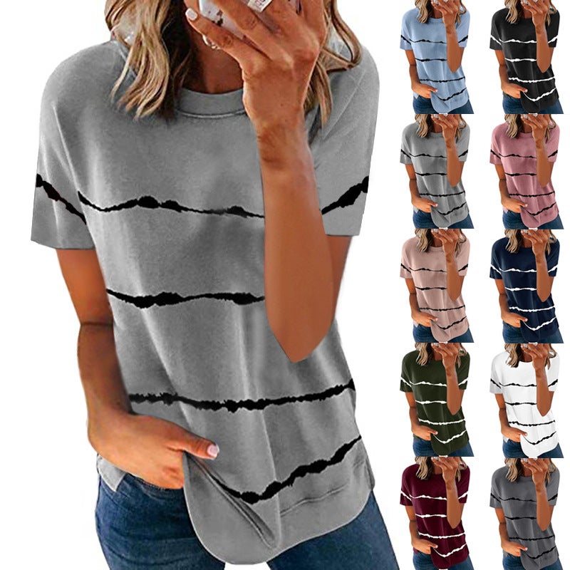 2021 spring and summer European and American women's clothing cross-border foreign trade hot style tie-dye printing striped loose short-sleeved T-shirt women Short Sleeve- White S - Image 2