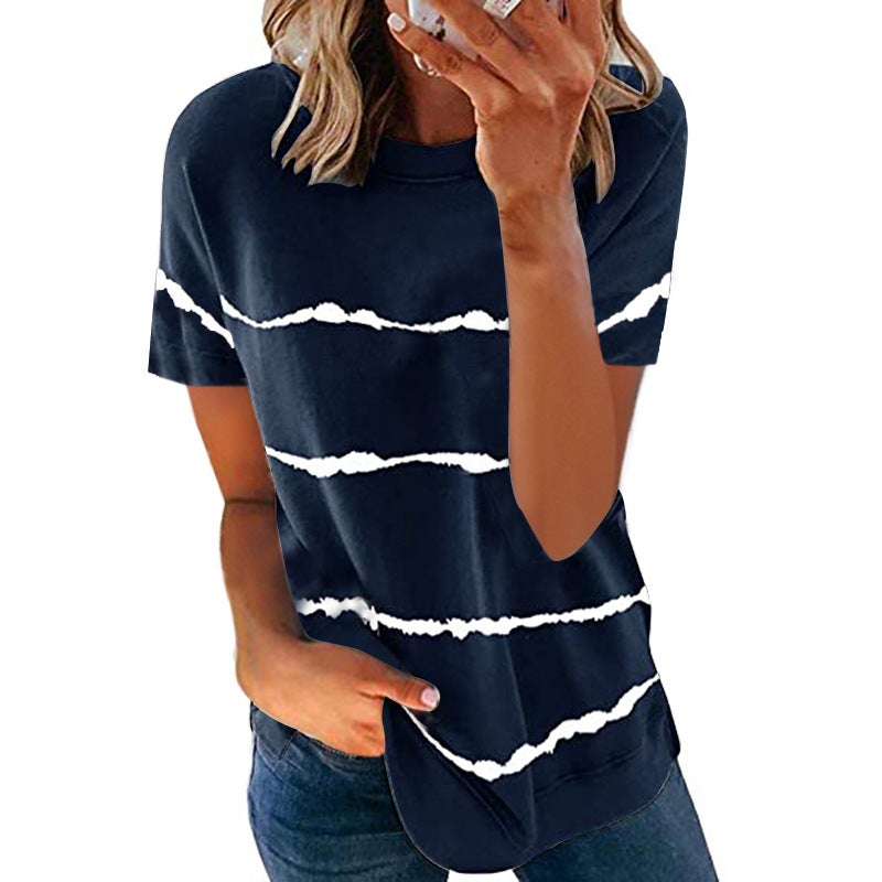 2021 spring and summer European and American women's clothing cross-border foreign trade hot style tie-dye printing striped loose short-sleeved T-shirt women Short Sleeve- White S - Image 4