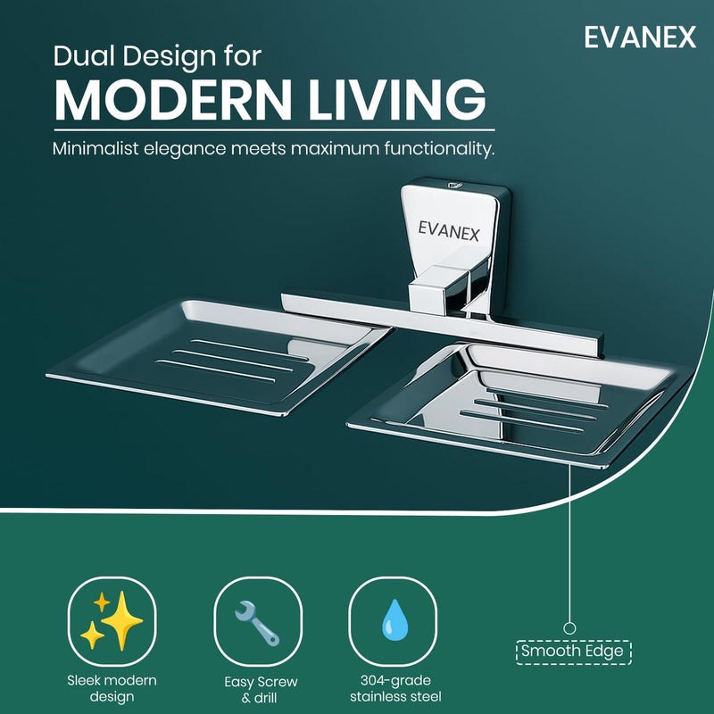 EVANEX Soap Dish 304 Grade Steel Twin Soap Holder for Bathroom Accessories Set Double Soap Tray Bar Soap Holder for Bathroom Wall Mounted Soap Stand Modern Design with Drainage Slots (SELVI) - Image 4
