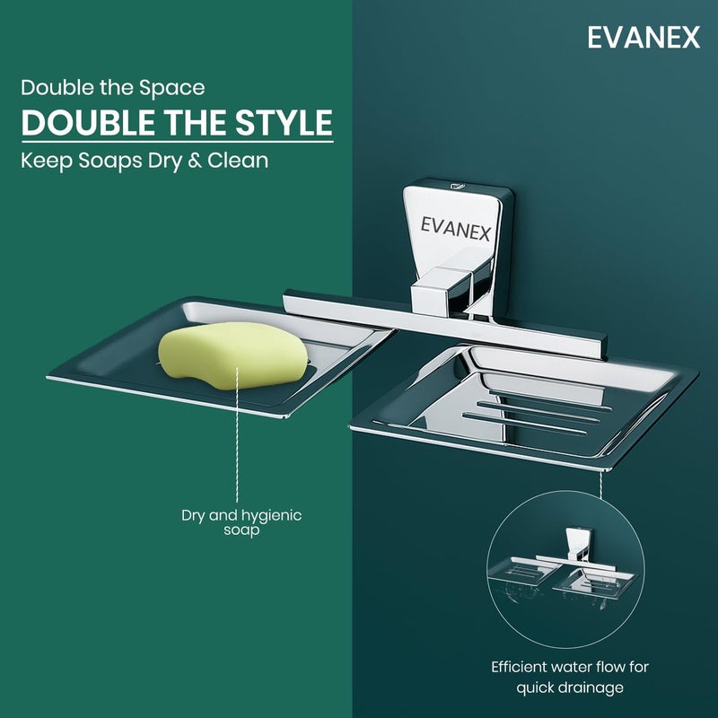 EVANEX Soap Dish 304 Grade Steel Twin Soap Holder for Bathroom Accessories Set Double Soap Tray Bar Soap Holder for Bathroom Wall Mounted Soap Stand Modern Design with Drainage Slots (SELVI) - Image 2