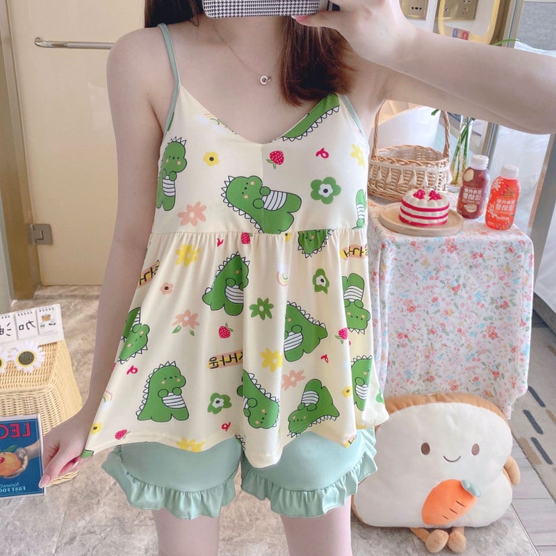 Comes with chest pad suspenders pajamas women's summer thin cute cartoon Korean sexy home clothes set foreign trade Wholesale - Image 1
