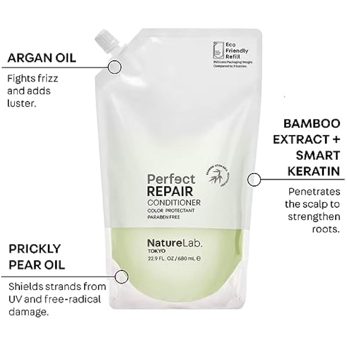 NatureLab. TOKYO NATURELAB.TOKYO PERFECT REPAIR CONDITIONER - LIGHTWEIGHT CONDITIONER FOR DAMAGED, COLOR-TREATED HAIR - PENETRATES ROOTS AND REVITALIZES & RESTORES STRANDS - JAPANESE HAIR CARE - REFILL POUCH, 22.9OZ - Image 3