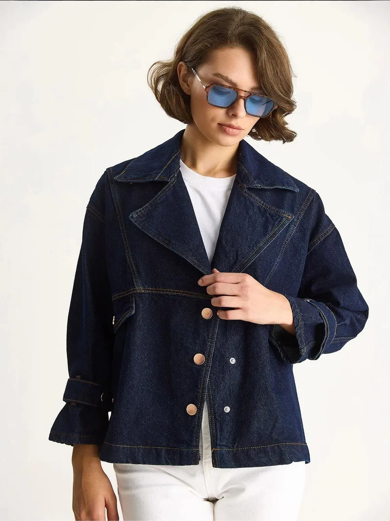 Bianco Lucci Navy Blue LUCCI Denim Shirt Collar Buttoned Jacket for Women | Best Price UAE