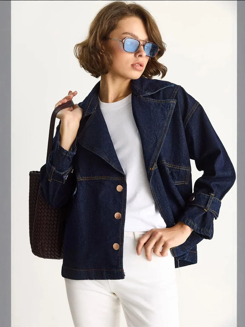 Bianco Lucci Navy Blue LUCCI Denim Shirt Collar Buttoned Jacket for Women | Best Price UAE