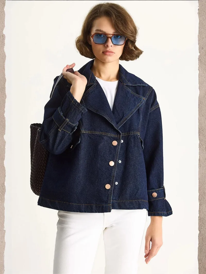 Bianco Lucci LUCCI Denim Shirt Collar Buttoned Jacket
