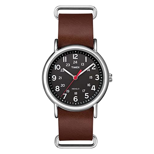 Timex Unisex Weekender 38mm Watch – Silver-Tone Case Black Dial with Brown Leather Slip-Thru Strap - Image 5