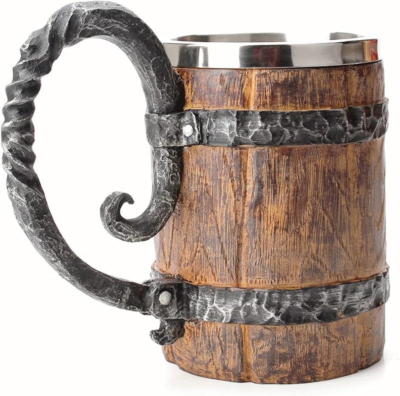 OTARTU Vintage Faux Oak Wood Barrel Beer Mug, Medieval Retro Viking Stainless Steel Coffee Cup Stein Tankard,17oz/500ML Cup Mug,Unique Gift - Image 1