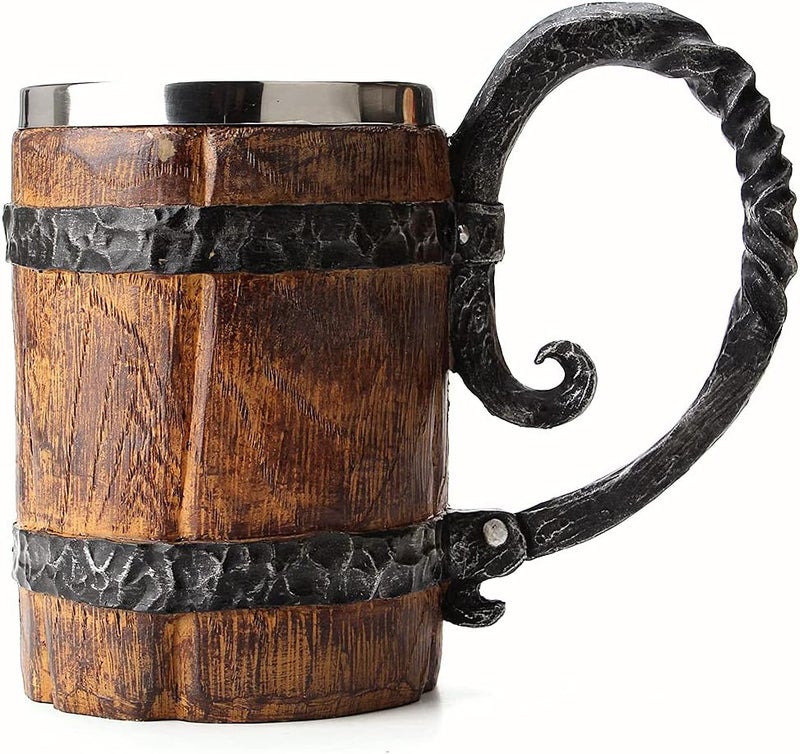 OTARTU Vintage Faux Oak Wood Barrel Beer Mug, Medieval Retro Viking Stainless Steel Coffee Cup Stein Tankard,17oz/500ML Cup Mug,Unique Gift - Image 2