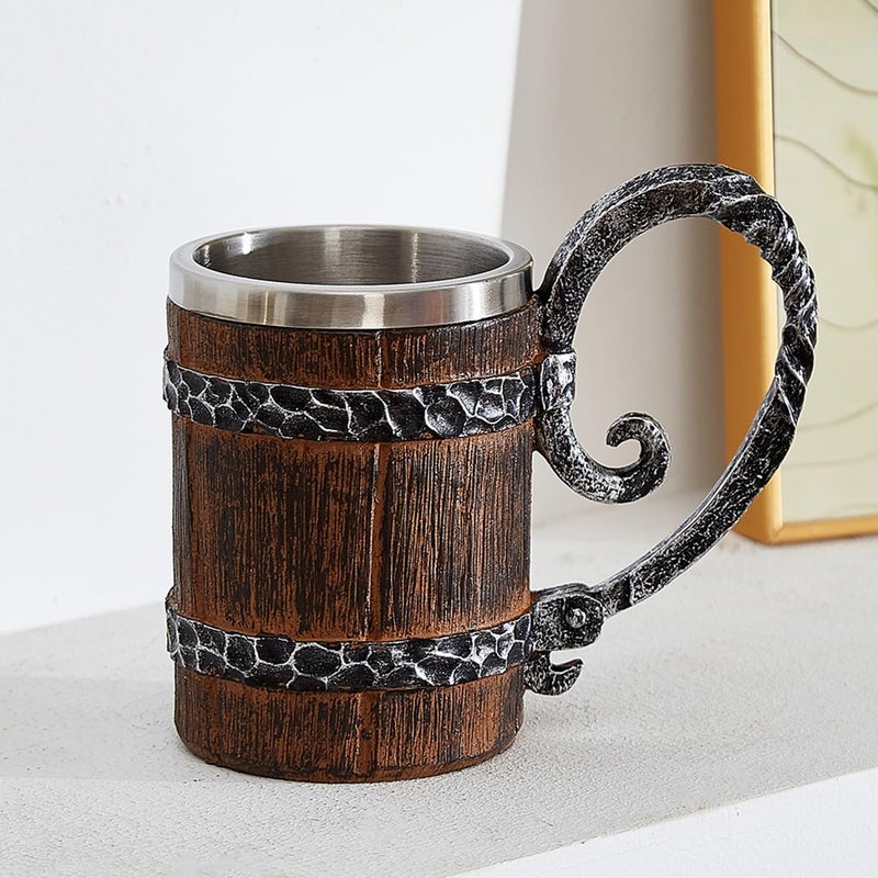 OTARTU Vintage Faux Oak Wood Barrel Beer Mug, Medieval Retro Viking Stainless Steel Coffee Cup Stein Tankard,17oz/500ML Cup Mug,Unique Gift - Image 4