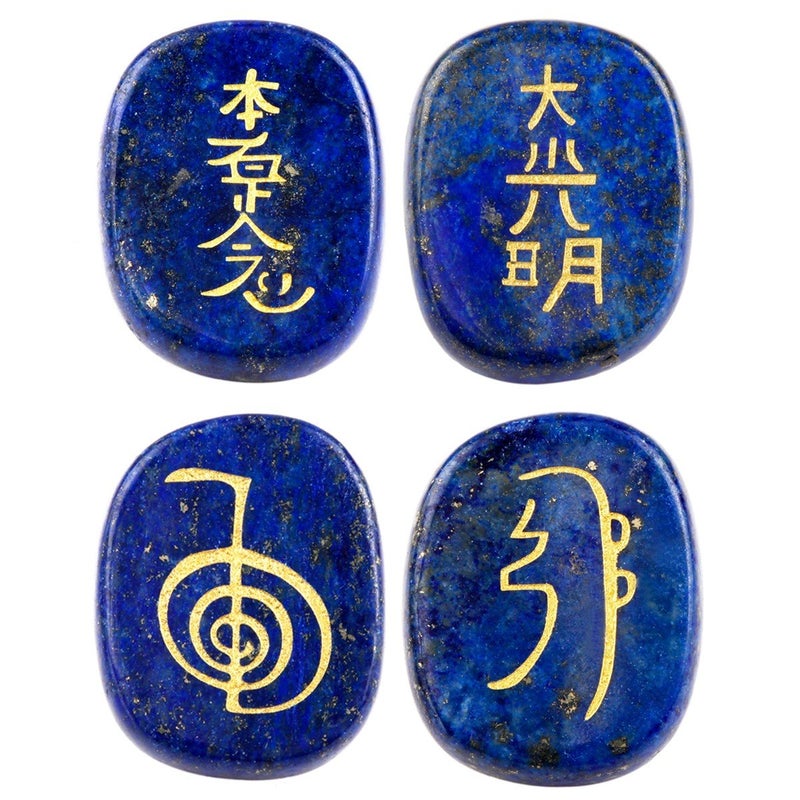 mookaitedecor 4 Piece Lapis Lazuli Stones Engraved Chakra Symbols Polished Palm Stones for Reiki Crystal Healing - Image 1