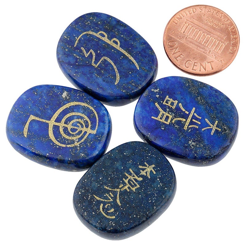 mookaitedecor 4 Piece Lapis Lazuli Stones Engraved Chakra Symbols Polished Palm Stones for Reiki Crystal Healing - Image 3