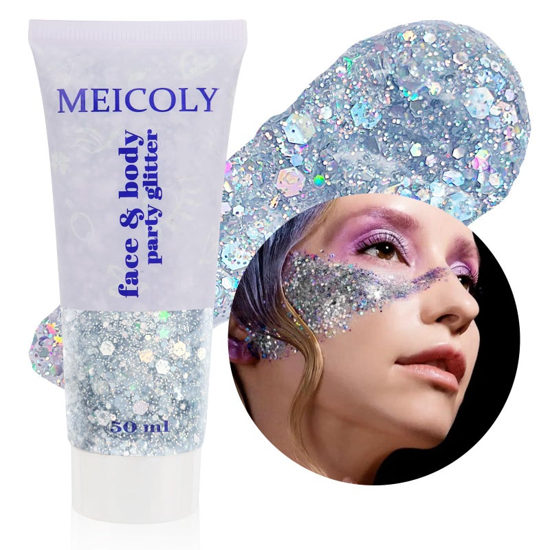 MEICOLY Silver Body Glitter,Chunky Silver Face Hair Mardi Gras Glitter,Halloween Silver Glitter Makeup,Sparkle Face Paint for Women and Kids,Music Festival Party Outfits for Women Accessories - Image 1