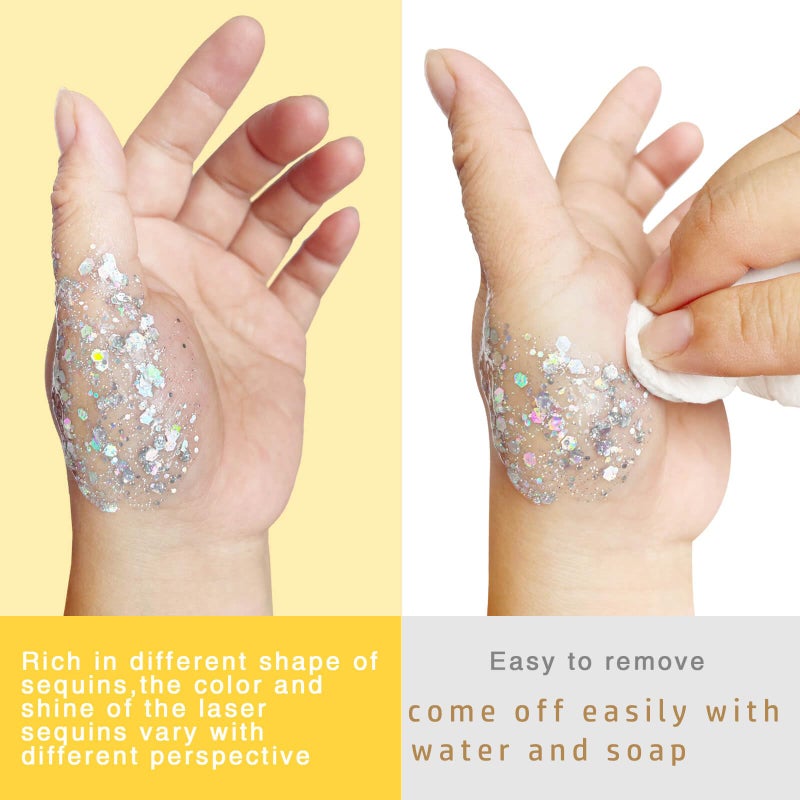 MEICOLY Silver Body Glitter,Chunky Silver Face Hair Mardi Gras Glitter,Halloween Silver Glitter Makeup,Sparkle Face Paint for Women and Kids,Music Festival Party Outfits for Women Accessories - Image 3