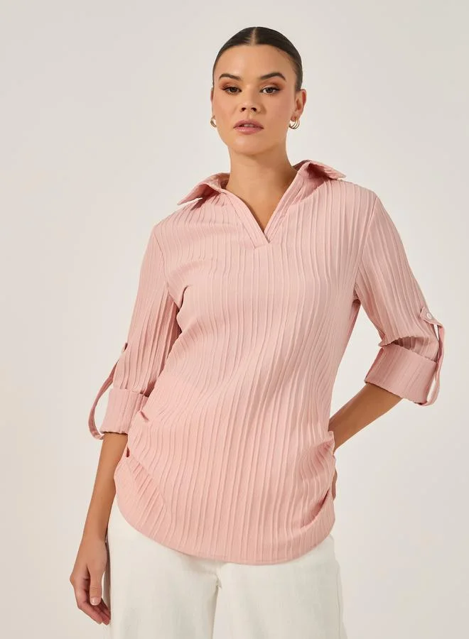 تايك تو Take Two Plain Spread Collar Long Sleeve Shirt