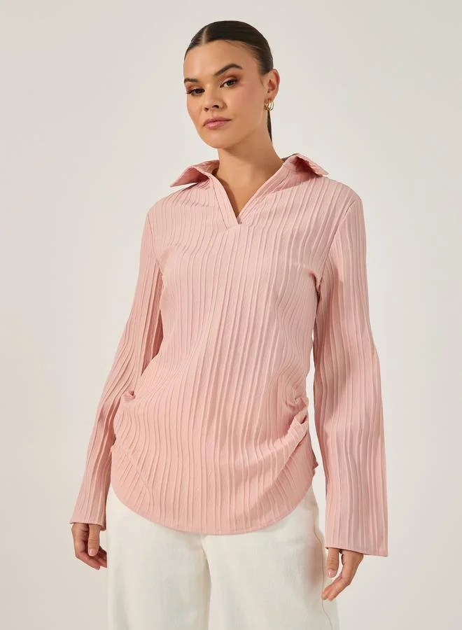 تايك تو Take Two Plain Spread Collar Long Sleeve Shirt