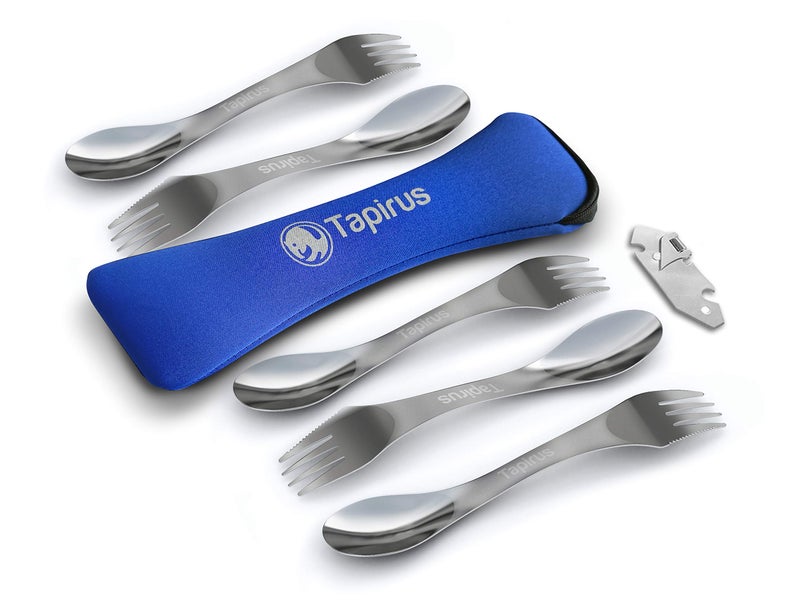 Tapirus - 5 Spork Of Steel Utensils Set - 8-inch Long Durable & Rust Proof Stainless Steel Spoon, Fork & Knife Flatware - For Camping, Fishing, & Hunting - With Bottle Opener & Carrying Case - Image 1