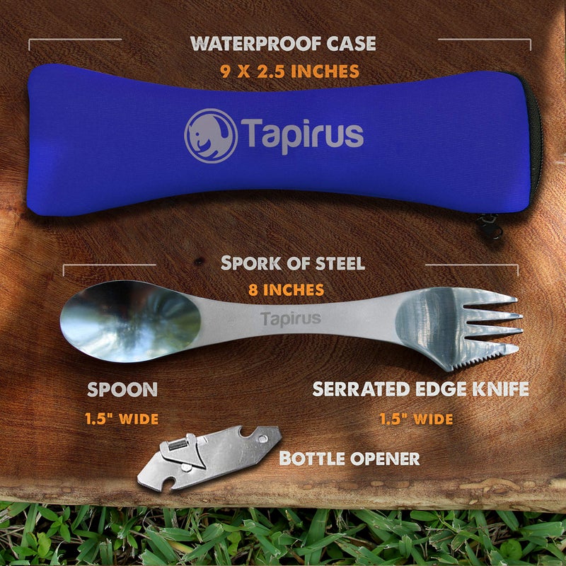 Tapirus - 5 Spork Of Steel Utensils Set - 8-inch Long Durable & Rust Proof Stainless Steel Spoon, Fork & Knife Flatware - For Camping, Fishing, & Hunting - With Bottle Opener & Carrying Case - Image 4
