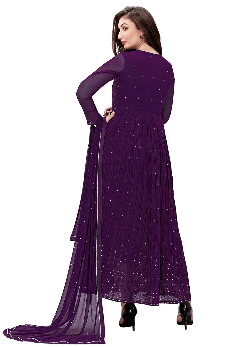 TRENDMALLS طقم أناركالي كورتا من جورجيت مع تطريز للنساء من تريندمولز مع دوباتا (G88-بنفسجي-S) - Image 2