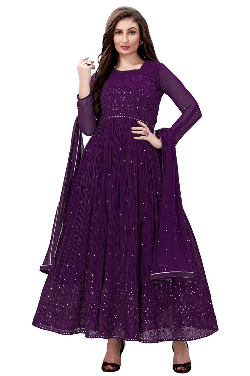 TRENDMALLS طقم أناركالي كورتا من جورجيت مع تطريز للنساء من تريندمولز مع دوباتا (G88-بنفسجي-S) - Image 1