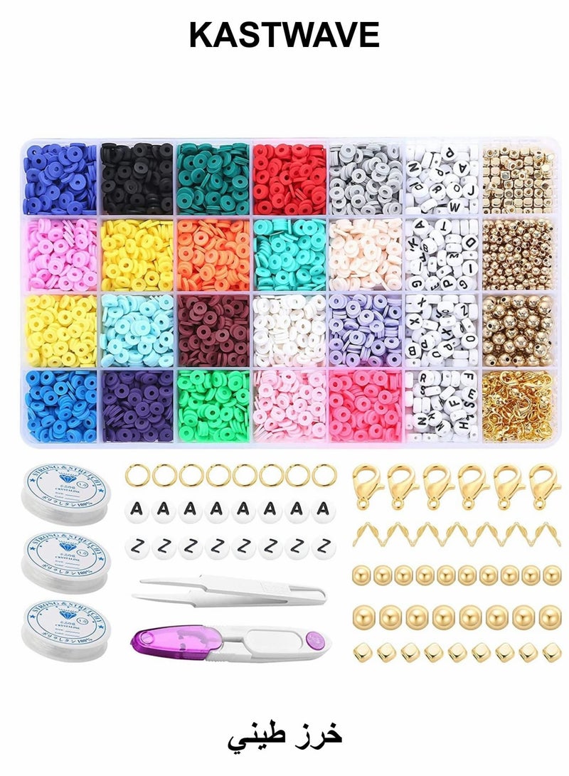 KASTWAVE 4000 Pcs Clay Beads, 6mm Flat Round Polymer Clay Spacer Beads with Charms and String, DIY Jewelry Marking Kit for Jewelry Making Preppy - Image 1