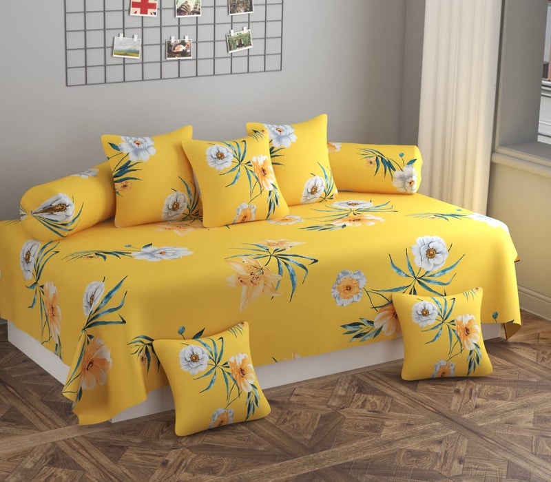 HOMICON HOMICON Premium Cotton 8 Pieces Diwan Cover Set with 1 Single Diwan Bedsheet 2 Bolster Covers and 5 Cushions Cover Multi Color Musturd  - Image 1