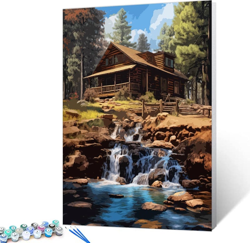 Tucocoo Cabin by the Stream Painting by Number Natural Scenery DIY Paint on Canvas Paintwork with Paintbrushes Acrylic PaintsPerfect for Paint by Numbers for Adults and Kids Students Beginner 16x20 Inch - Image 3