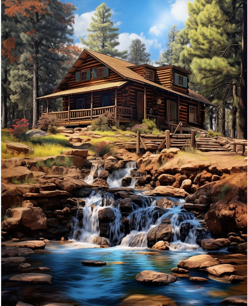 Tucocoo Cabin by the Stream Painting by Number Natural Scenery DIY Paint on Canvas Paintwork with Paintbrushes Acrylic PaintsPerfect for Paint by Numbers for Adults and Kids Students Beginner 16x20 Inch - Image 1